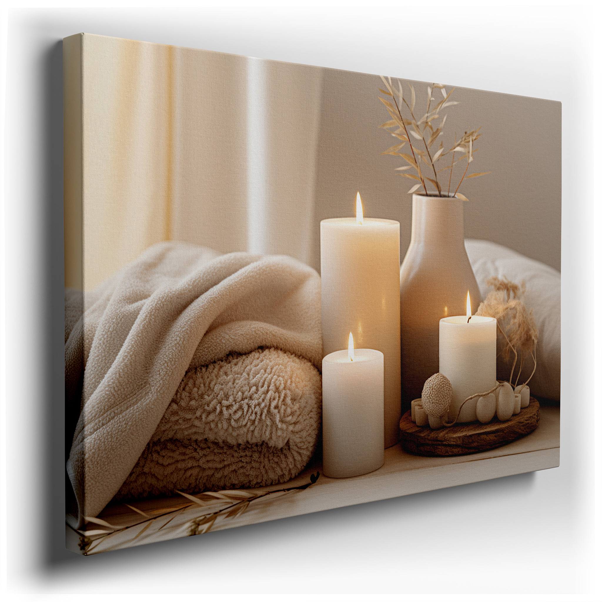 Wall Decor: Peaceful Indoor Scene with Soft Lighting from Candles and Comfortable Fabrics for a Calm Escape - Large