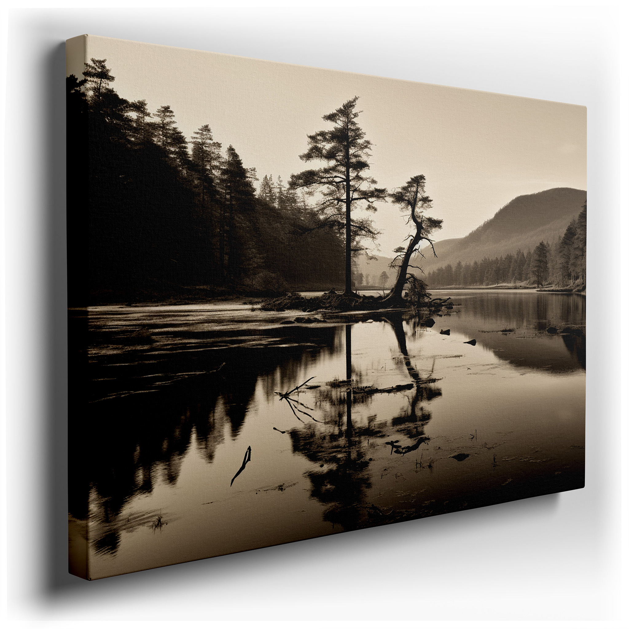 Wall Decor: Peaceful Riverbank and Solitary Tree in Monochrome - Reflecting Nature's Quietude, Large Canvas Art for