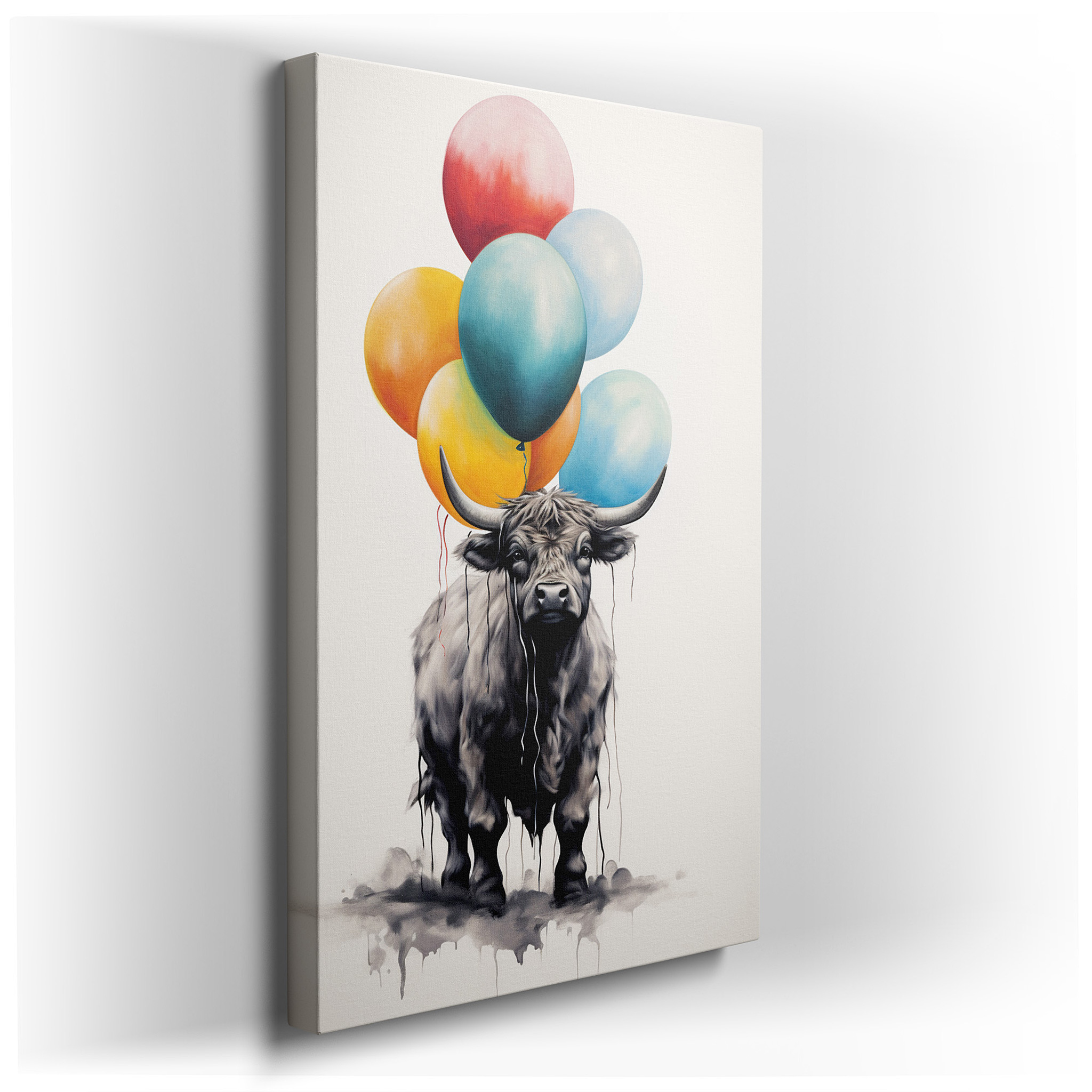 Wall Decor: Playful Cow with Vibrant Balloons, A Celebration of Artistic Imagination and Whimsy, Large Canvas Wall Art