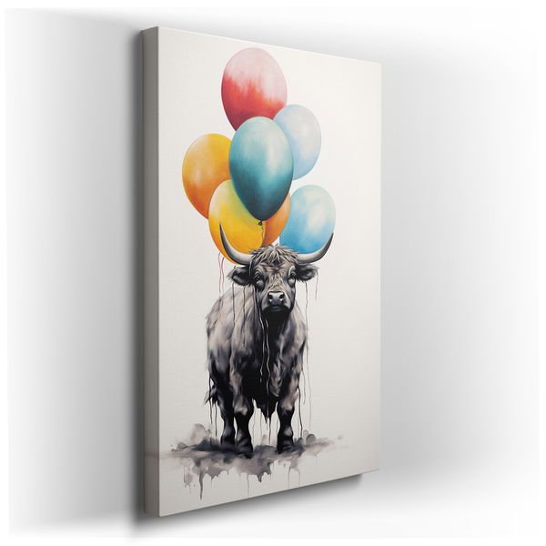 Playful Cow with Vibrant Balloons - Colorful Canvas Wall Art