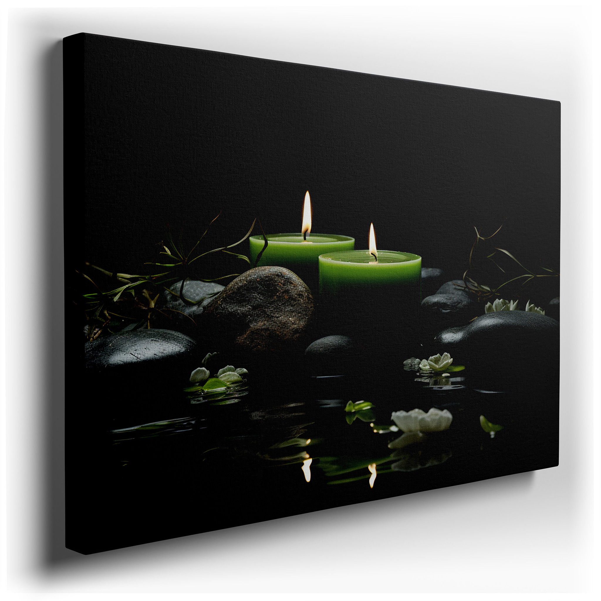 Wall Decor: Serene Green Candles and Black Stones with Blooms Reflected on Water - Large Canvas Art for Office and
