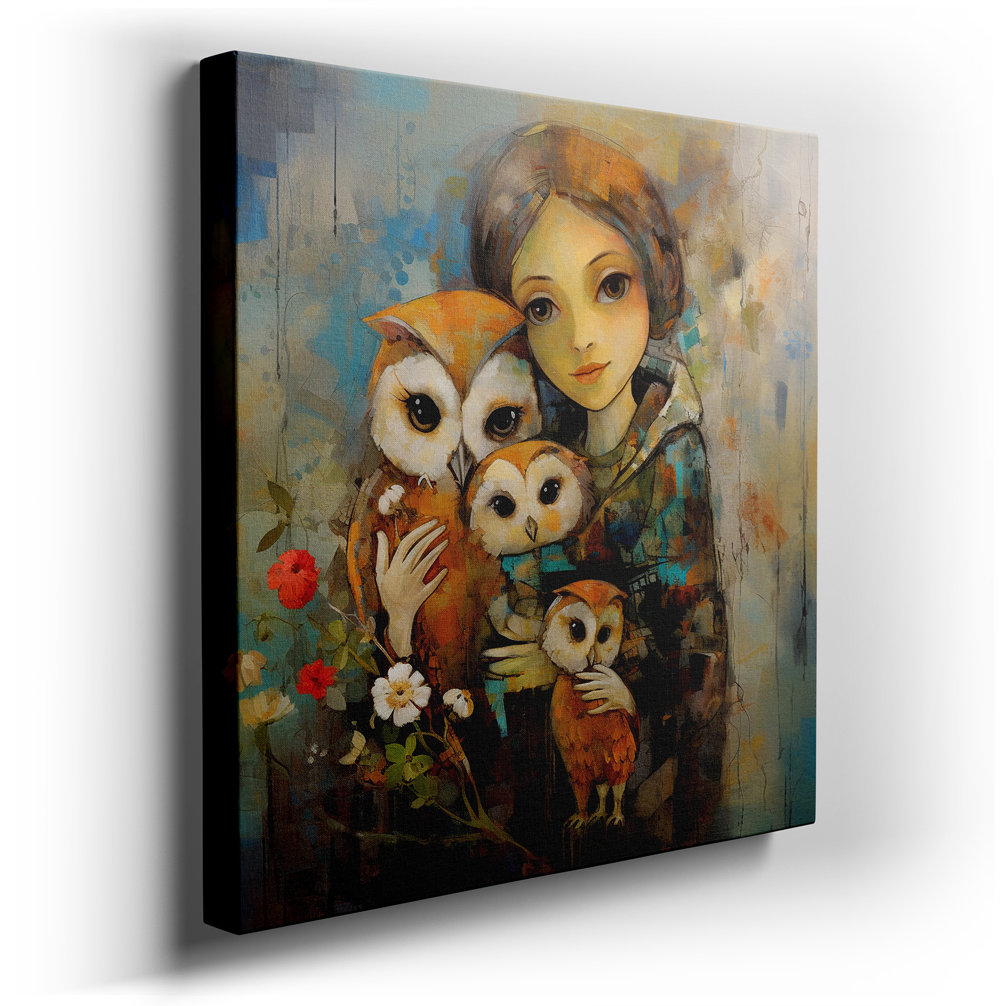 Wall Decor: Serene Nature Embrace - A Girl with Owls in a Peaceful Setting Large Canvas Art, Home and Office Wall Decor