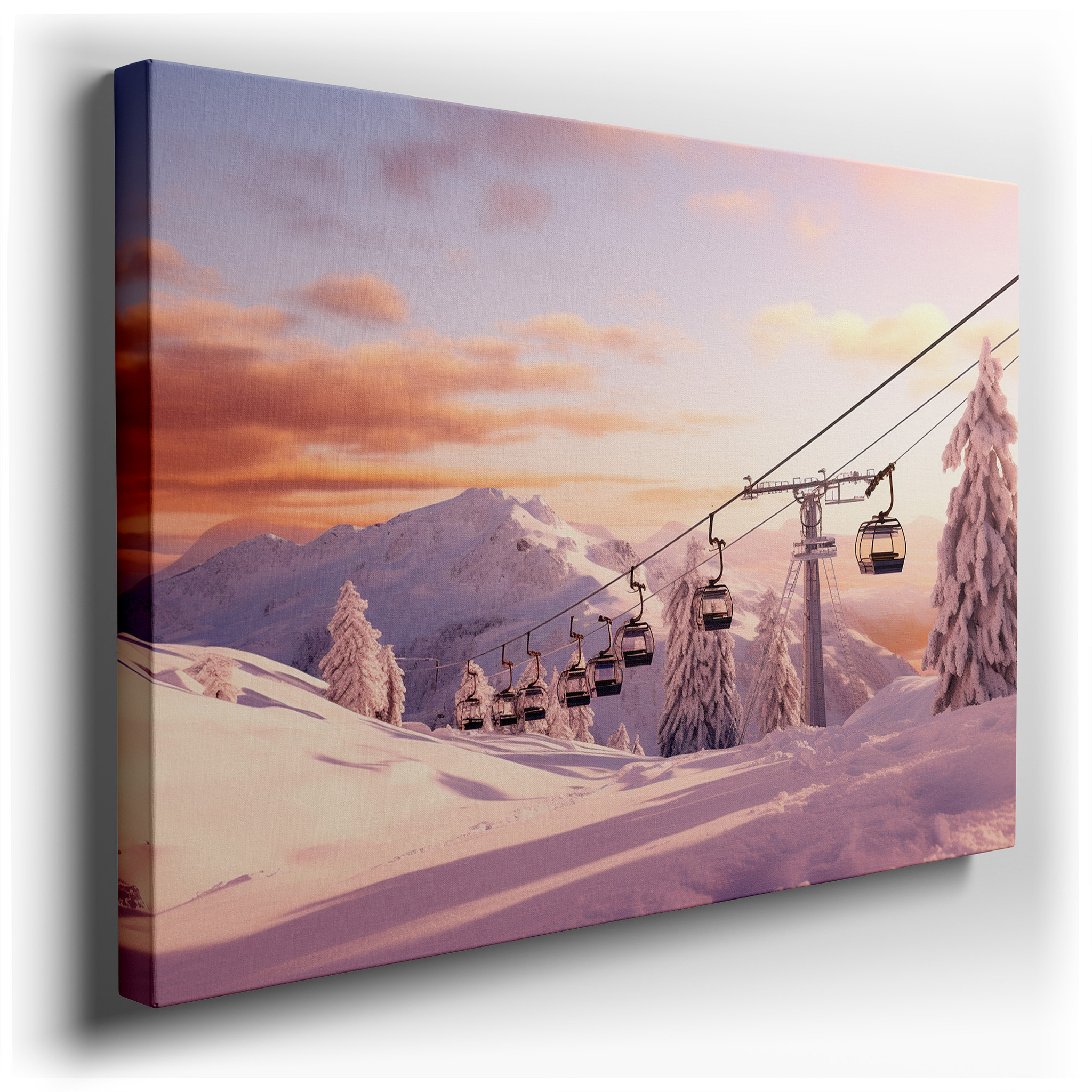 Wall Decor: Serene Ski Resort at Sunset, Gondolas Above Snowy Peaks - Large Canvas Art for Office and Bedroom wrapped