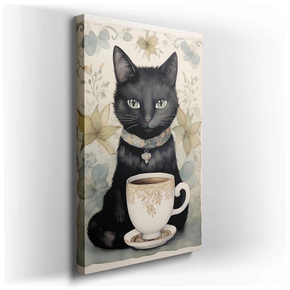 Sleek Black Cat and Ornate Jeweled Cup - Large Canvas Wall Art