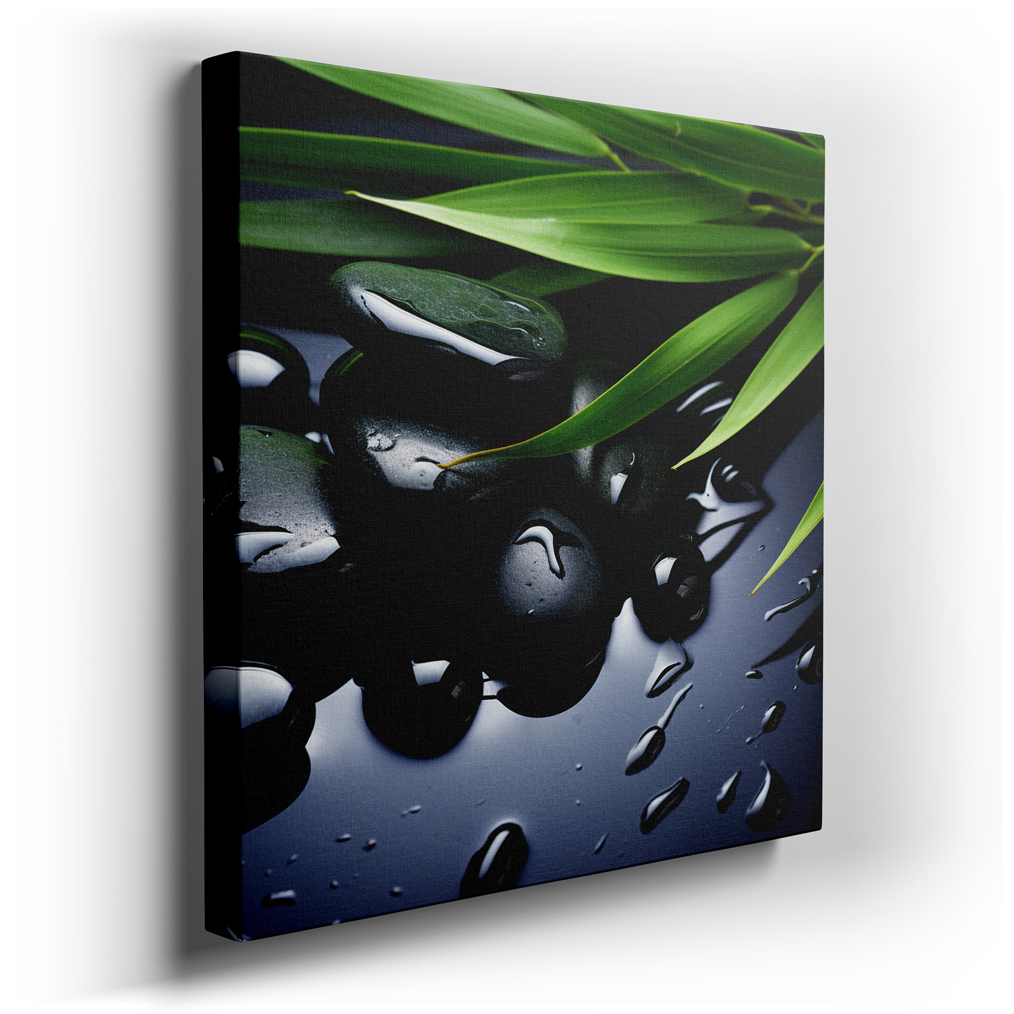 Wall Decor: Sleek Black Stones and Lush Green Leaves with Shiny Water Droplets - Tranquil Nature Scene, Large Canvas
