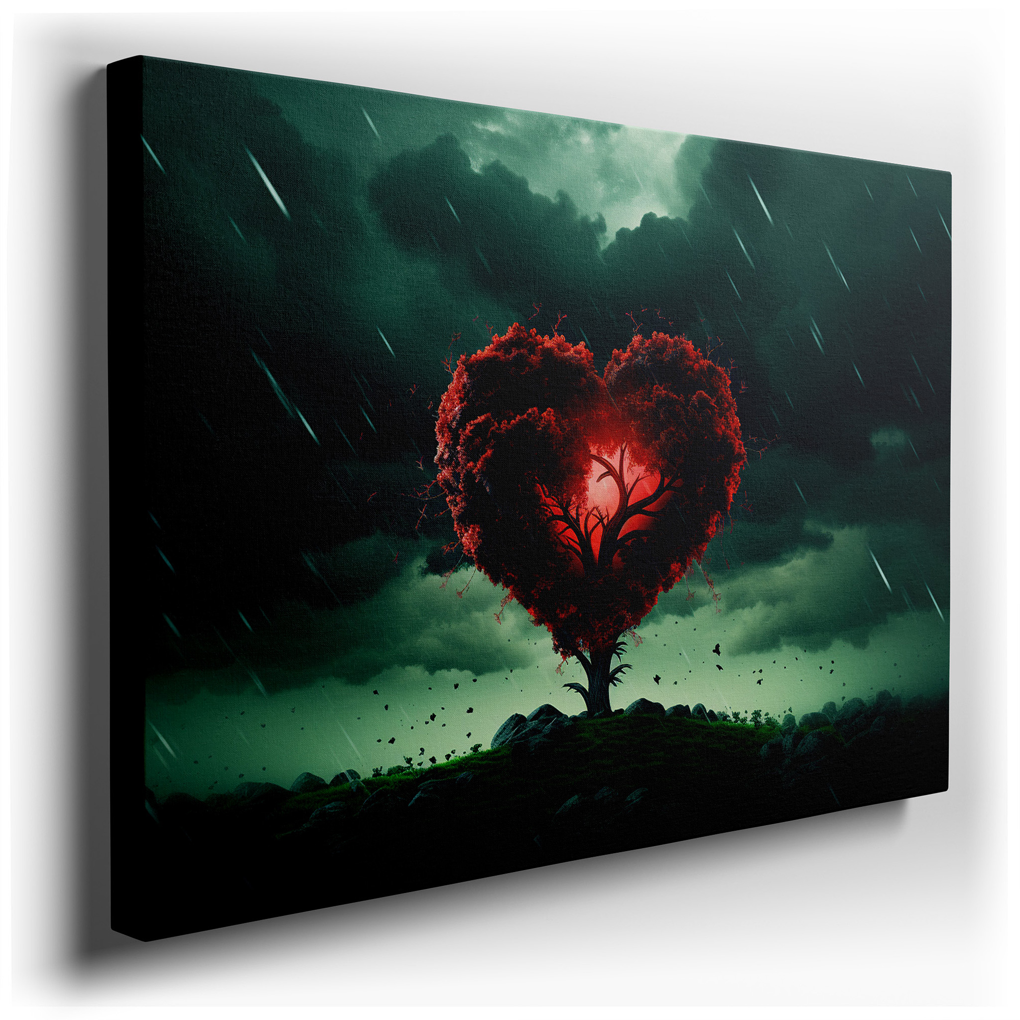 Wall Decor: Stormy Sky Heart - Shaped Tree, Emblem of Resilience and Passion - Large Canvas Art for Office and Bedroom