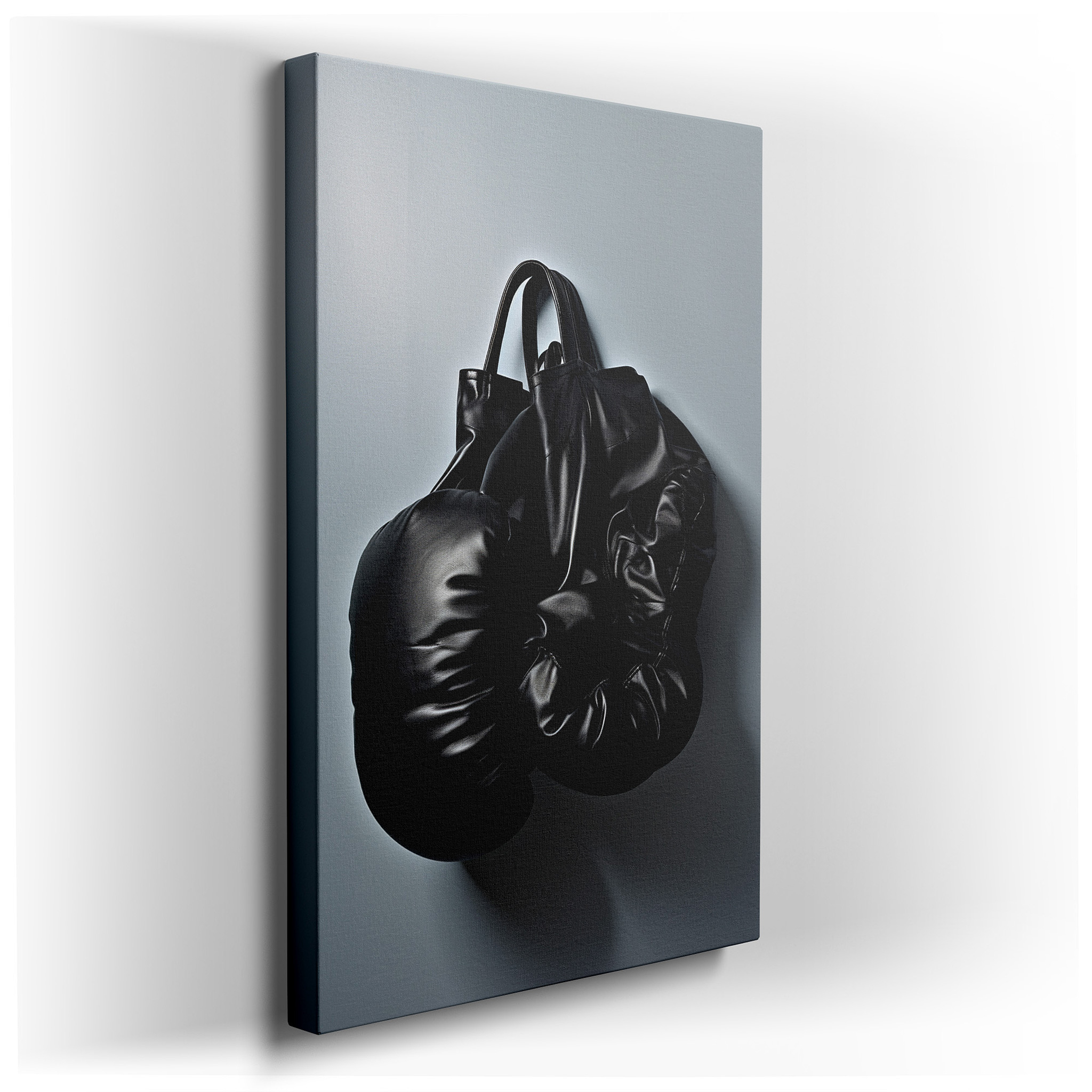 Wall Decor: Stylish Black Leather Bag Transformed into Boxing Gloves - A Blend of Fashion and Artistry. Ideal for