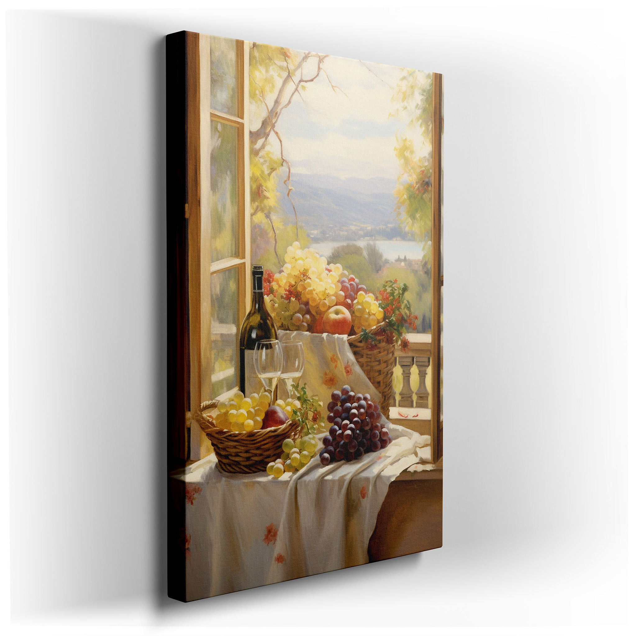 Wall Decor: Sunlit Serenity and Rustic Charm - A Window to Nature's Tranquil Beauty and Bountiful Harvest. Large Canvas