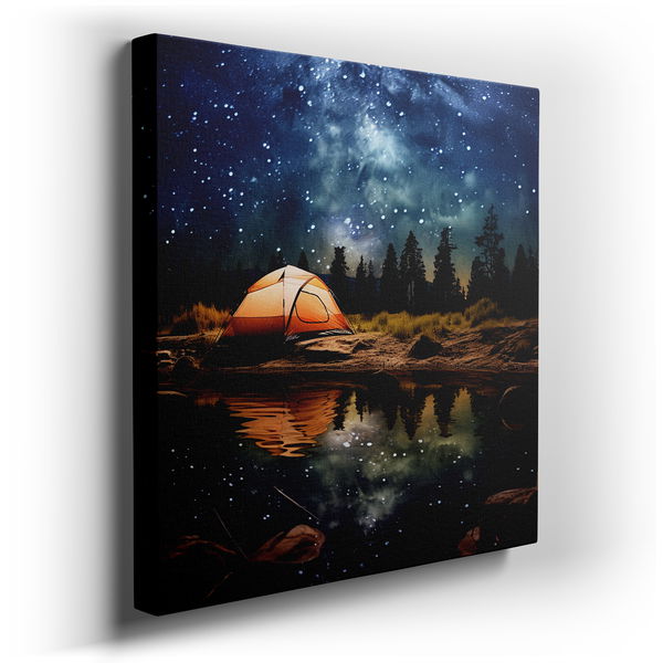 Tranquil Lakeside Camping Beneath a Starlit Sky - Nature Canvas Wall Art