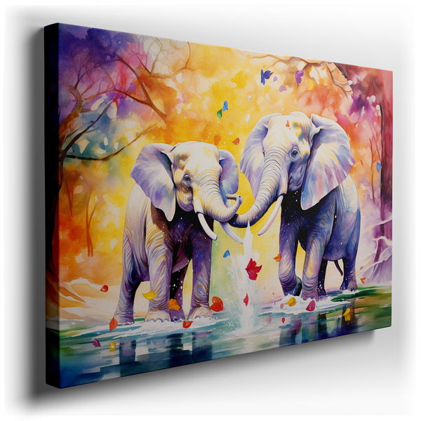 Vibrant Elephants Frolicking in Water - Abstract Canvas Wall Art