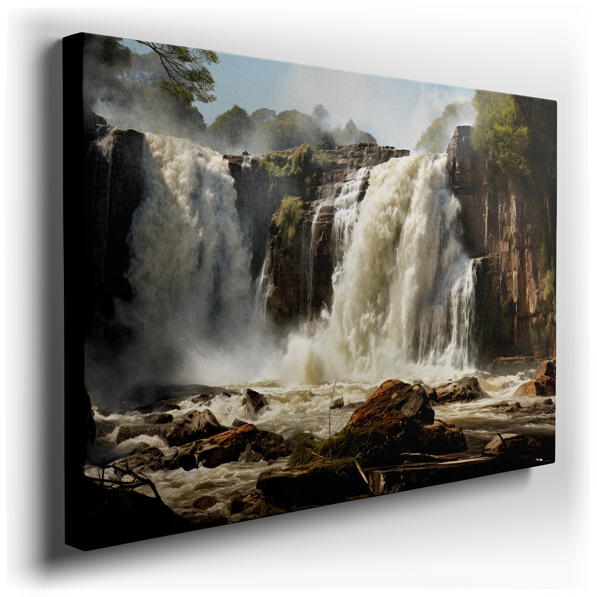 Waterfall Cascade Surrounded by Verdant Foliage, Dynamic and Peaceful Nature Landscape, Large Wall Art, Canvas Wall