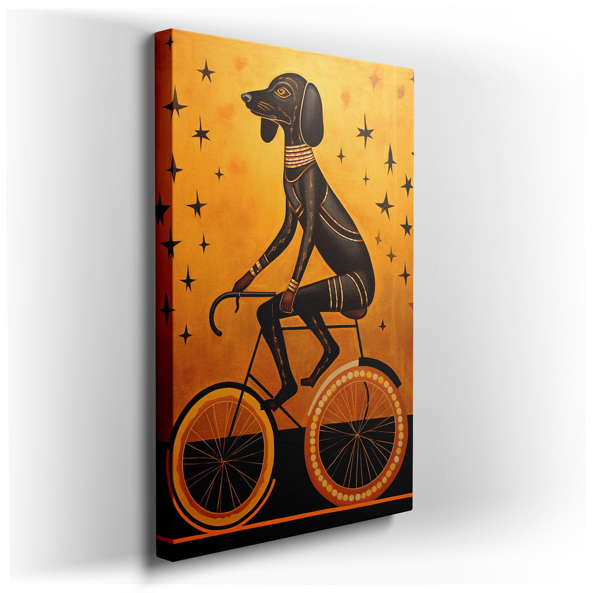Whimsical Black Dog on a Bicycle - Surreal Canvas Wall Art