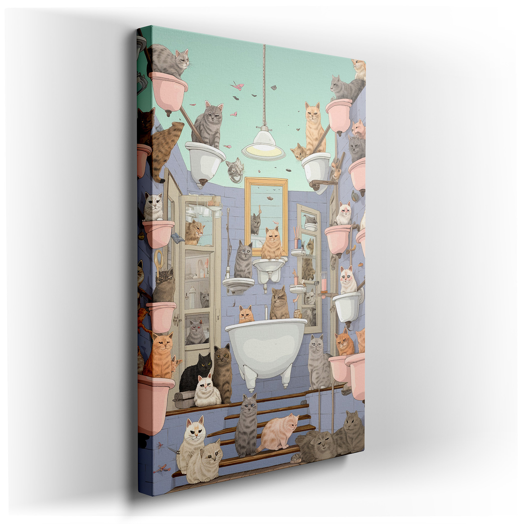 Whimsical Cats Causing Mischief in a Messy Bathroom: Lively and Playful Large Wall Art, Canvas Wall Art, Wall Decor for