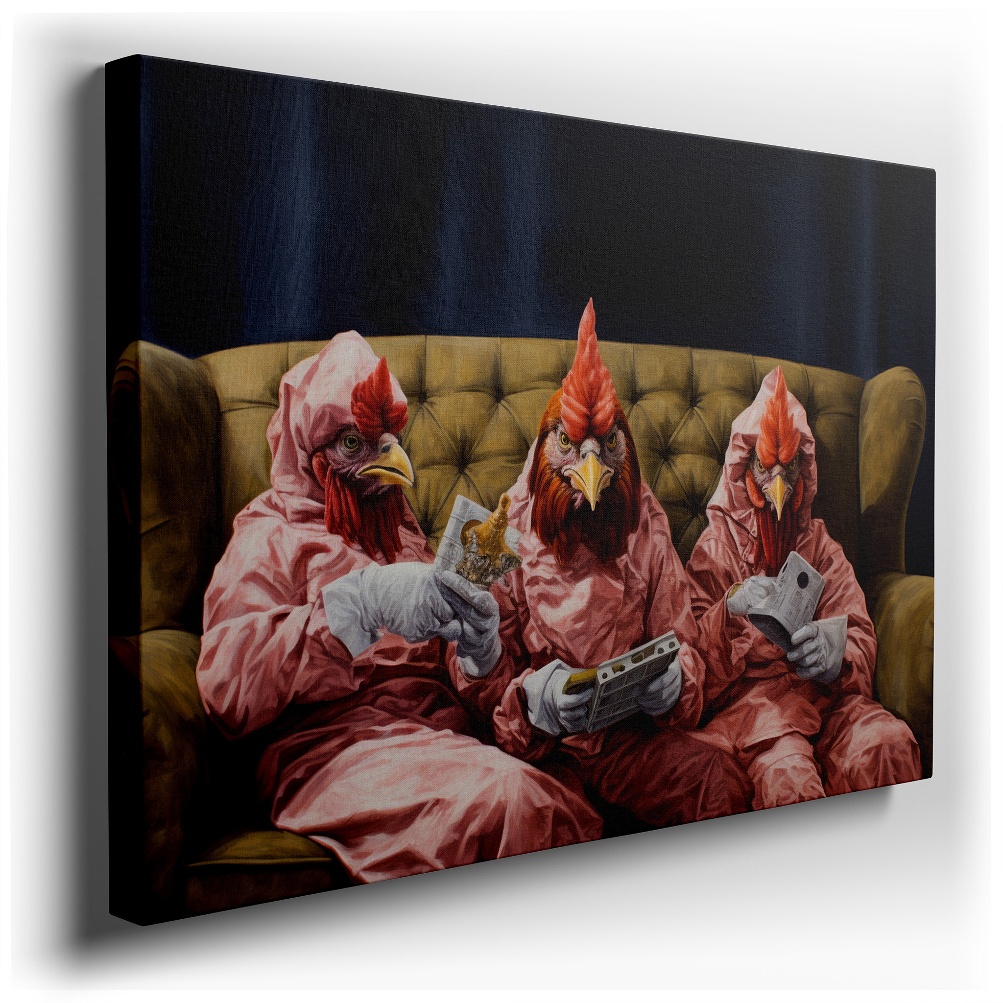 Whimsical Chickens in Pink Pajamas Playing Video Games - Large Canvas Wall Art for Office, Bedroom, and Living Room