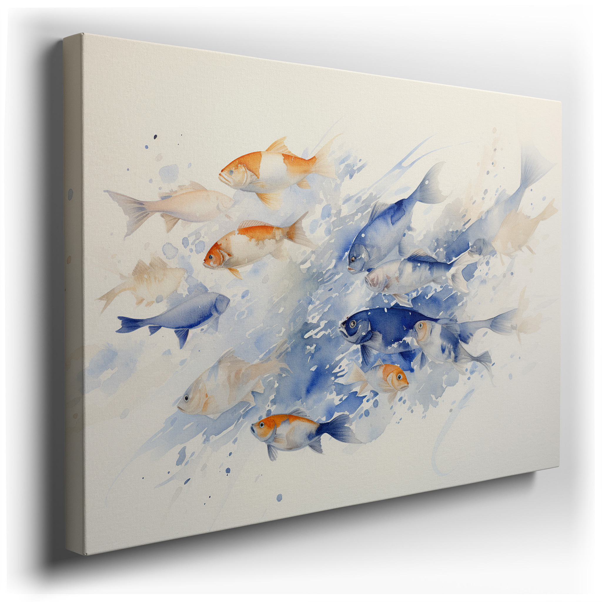 Whimsical Goldfish Dancing Among Abstract Waves in Blue, Orange, and White - Large Canvas Wall Art for Office and