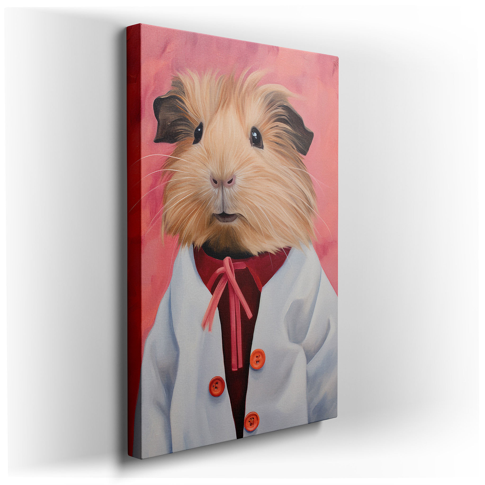 Whimsical Guinea Pig in Stylish Outfit on Soft Pink Background - Large Canvas Wall Art for Office, Bedroom, and Living