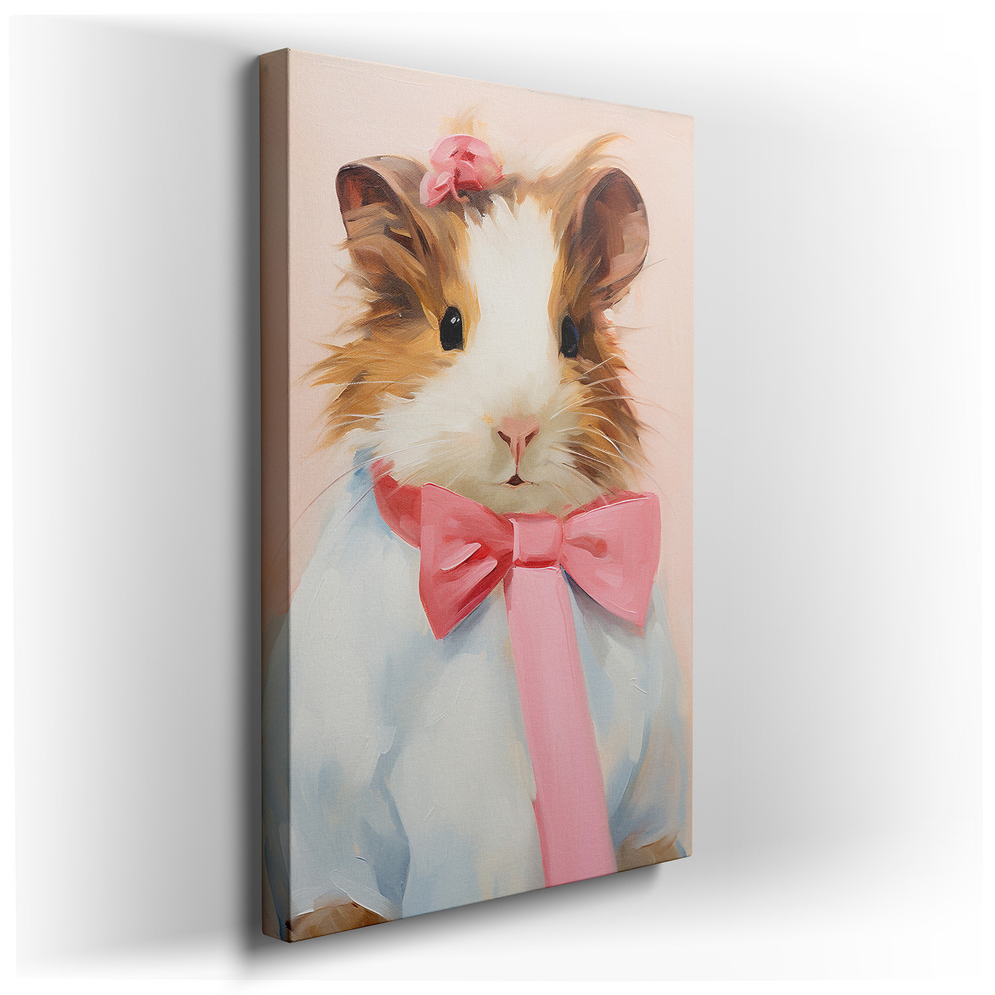 Whimsical Guinea Pig in White Dress and Pink Bow on Soft Pink Background - Large Canvas Wall Art for Office and Bedroom