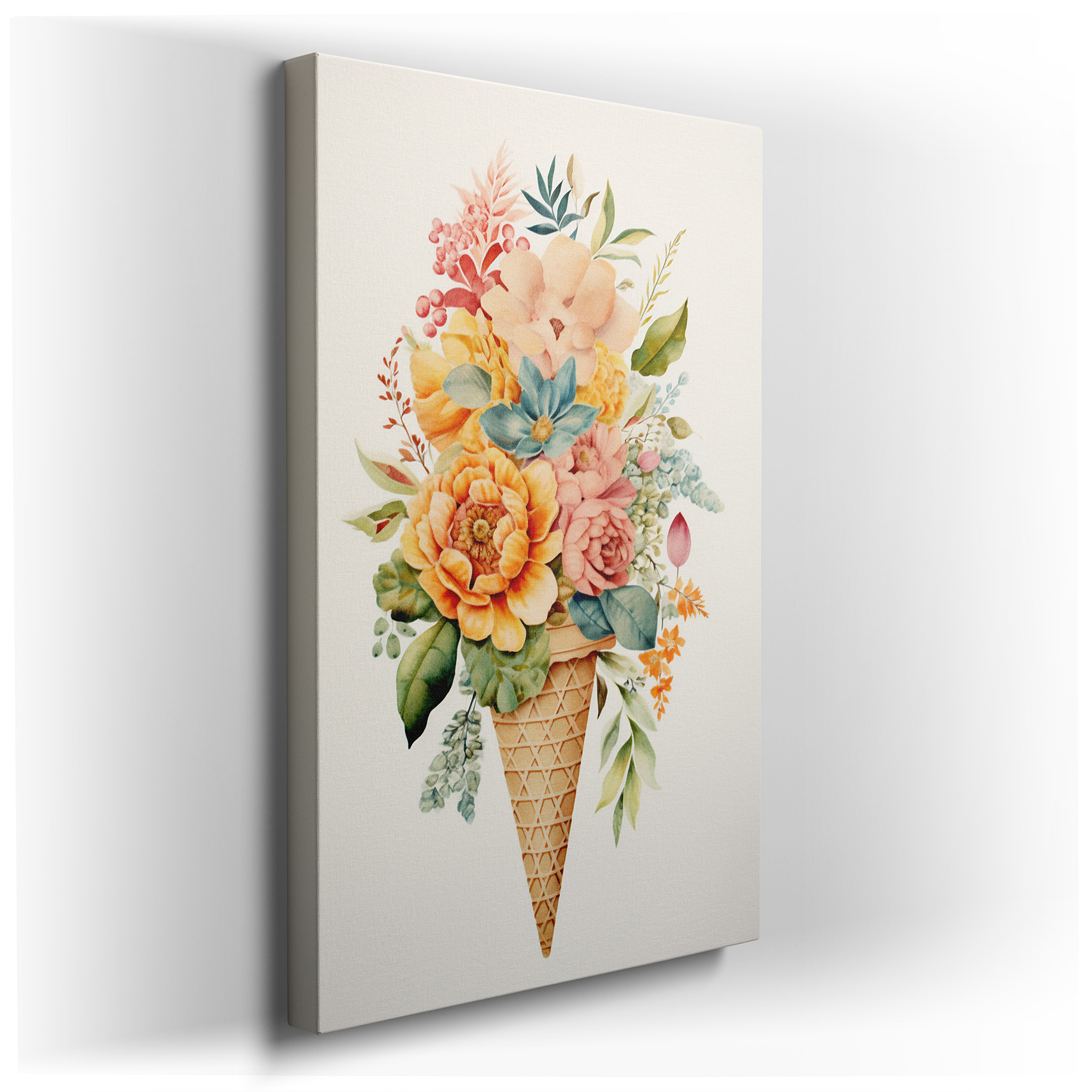 Whimsical Ice Cream Cone Canvas Wall Art Featuring a Vibrant Floral Array, Perfect for Office, Bedroom, or Home Decor