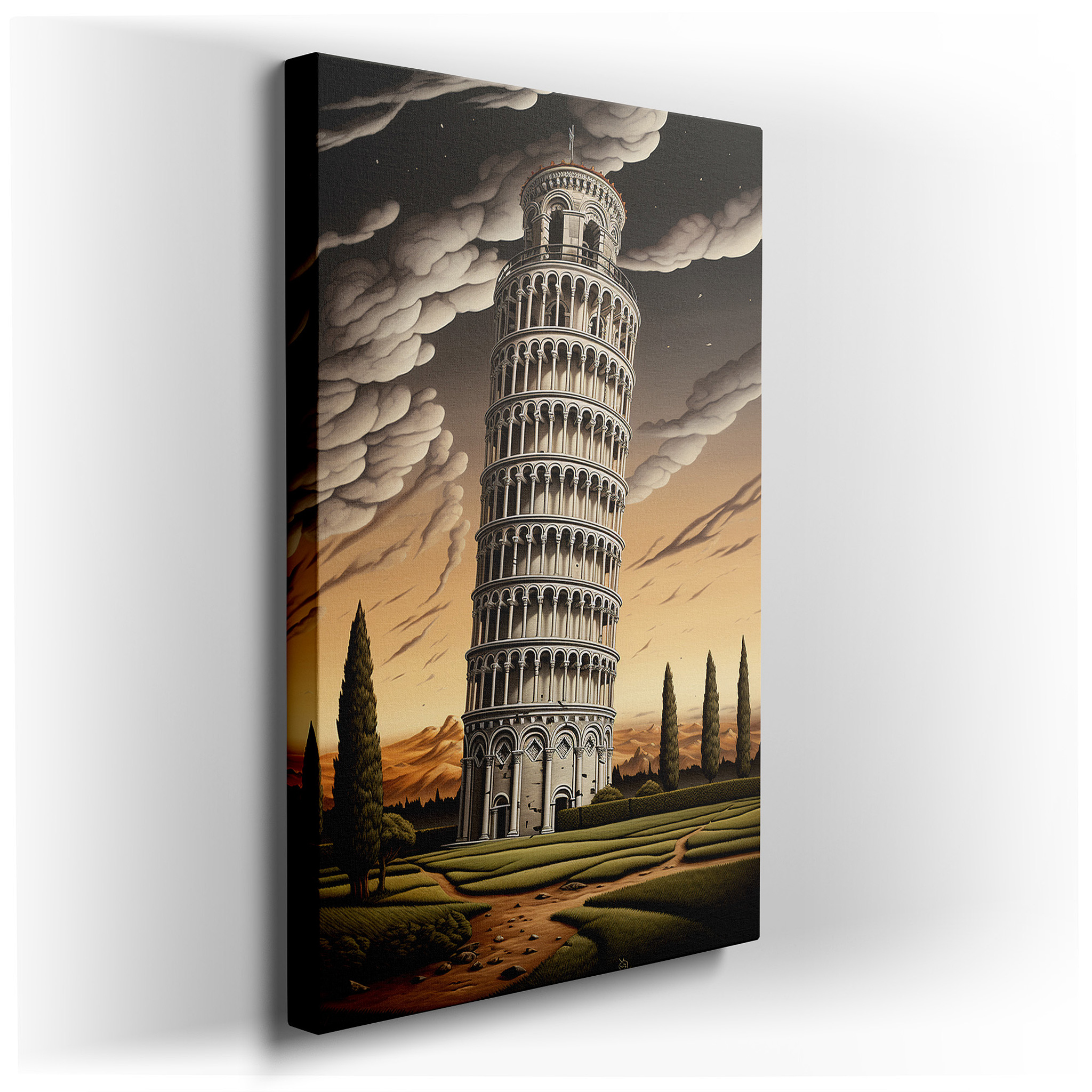 Whimsical Leaning Tower of Pisa Canvas Wall Art with Dynamic Sky for Office, Bedroom, and Living Room Decor wrapped