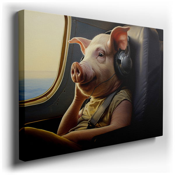 Whimsical Pig Soars in Airplane - Humorous Canvas Wall Art