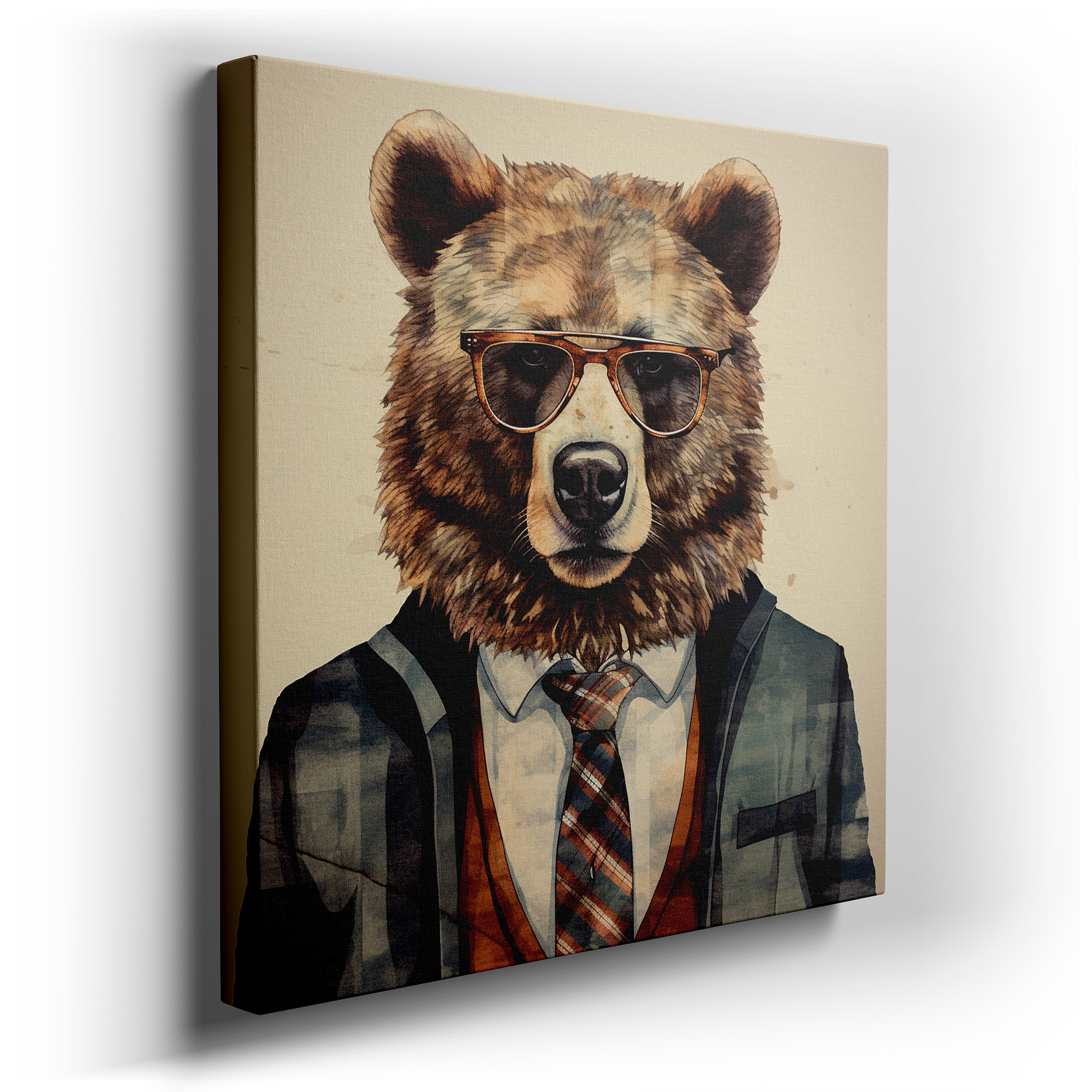 Whimsical Sophistication: Chic Bear in Suit and Glasses - Large Canvas Wall Art for Office, Bedroom, and Living Room