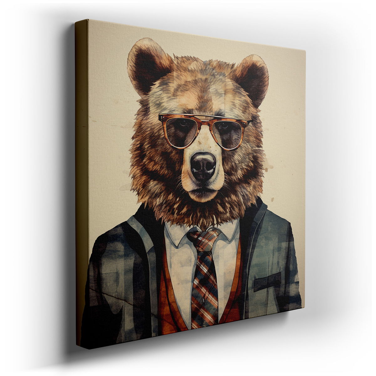 Chic Bear in Suit and Glasses - Whimsical Canvas Wall Art
