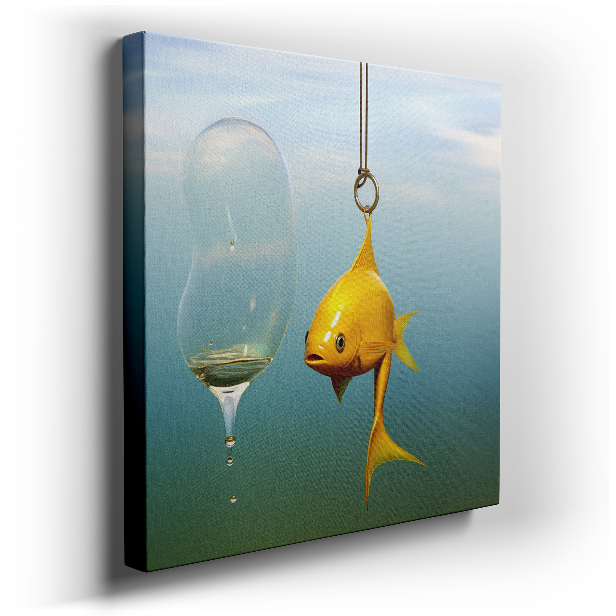 Whimsical Yellow Fish and Elegant Wine Glass Dance in Surreal Harmony: Large Canvas Wall Art for Office and Bedroom