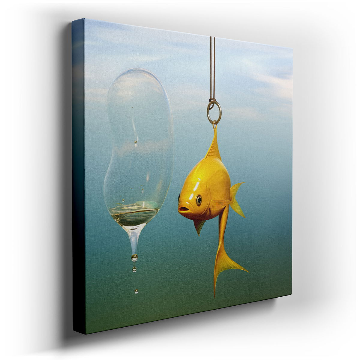 Whimsical Yellow Fish and Elegant Wine Glass Dance - Surreal Canvas Wall Art