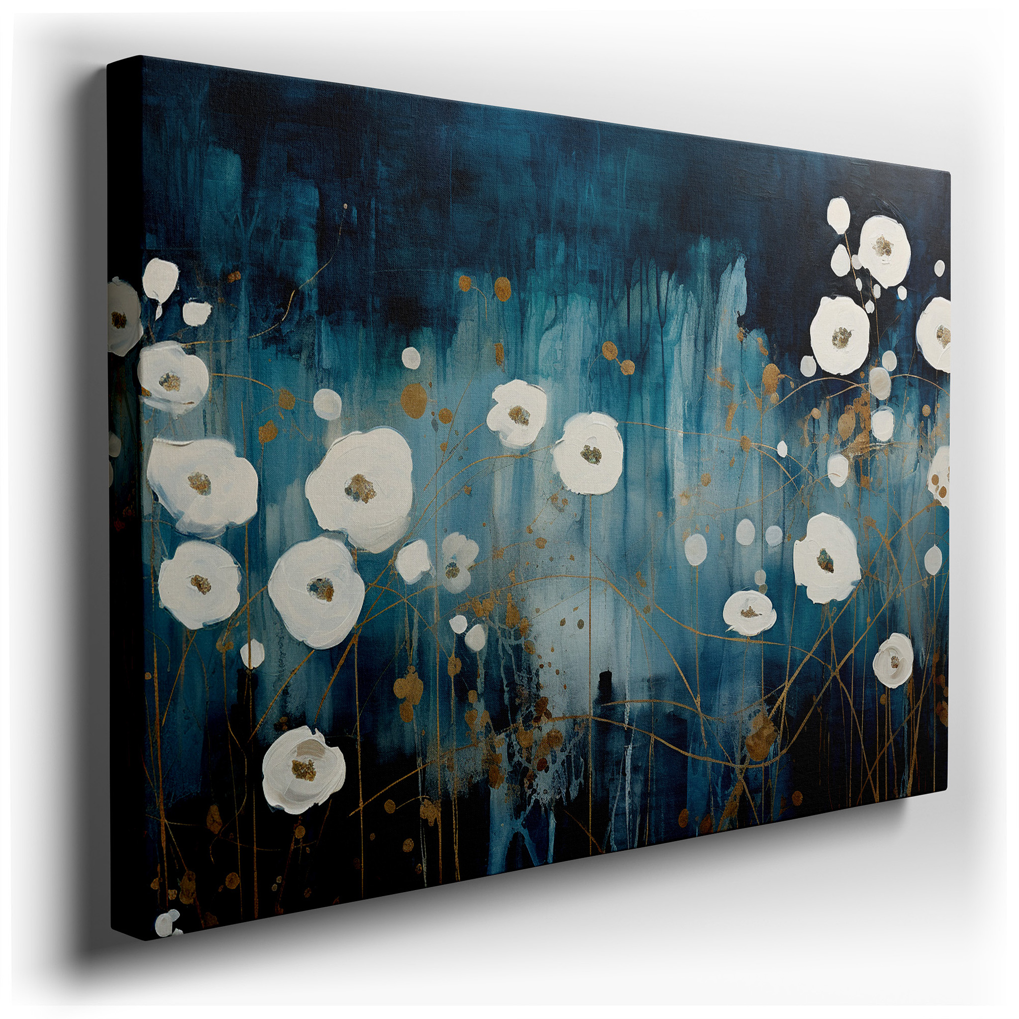 White Flowers on Deep Blue Background: Abstract Floral Elegance and Bold Expression, Large Canvas Wall Art for Office