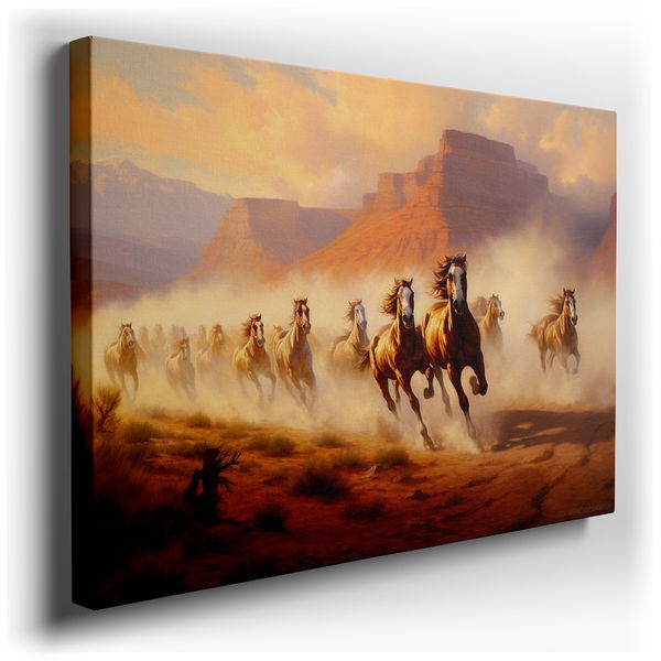 Wild Horses Running in Majestic Canyon - Colorful Canvas Wall Art