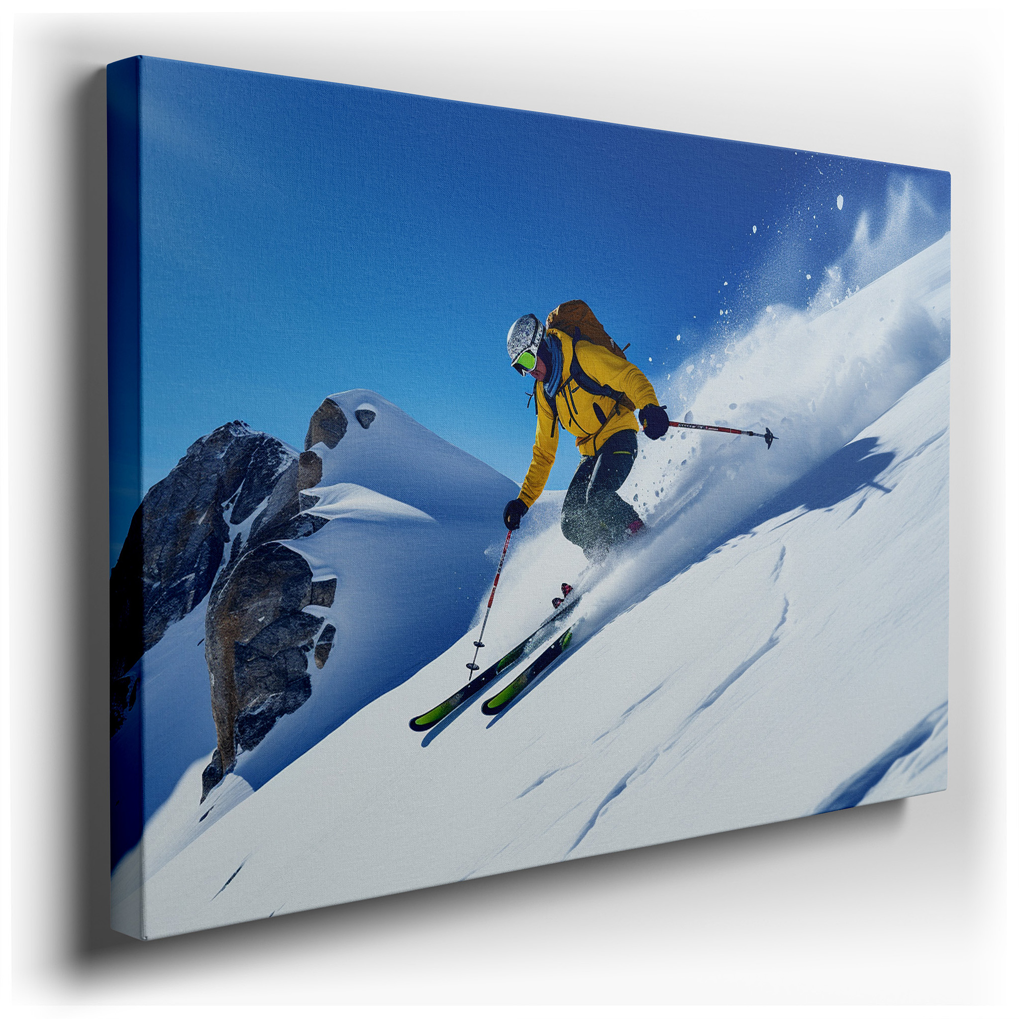 Winter Sports Excitement: Skier on Snow - Covered Mountain with Bright Blue Sky - Large Canvas Wall Art for Home and