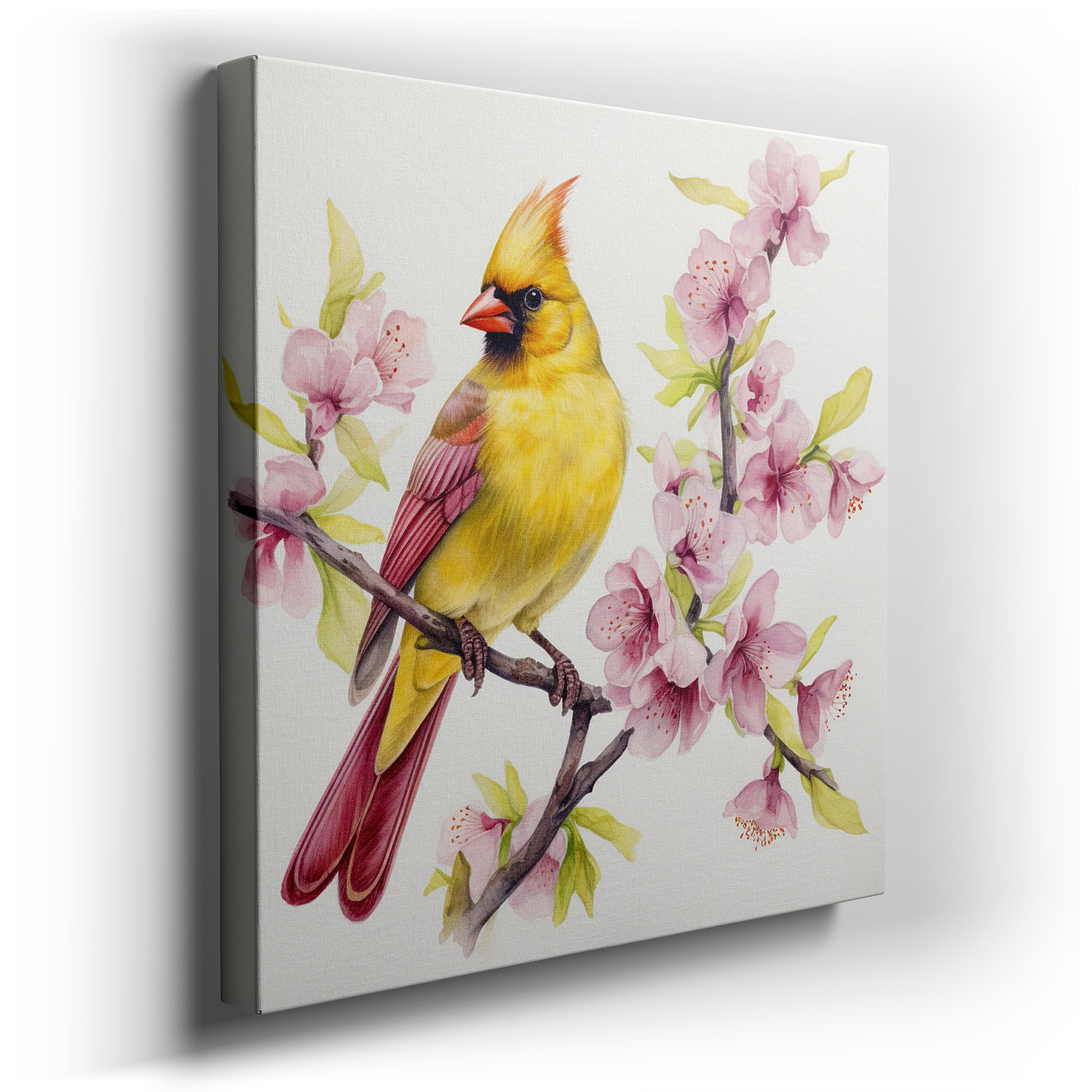 Yellow Cardinal in Pink Blossoms: Serene and Vibrant Large Wall Art for Office or Bedroom Decor wrapped canvas - main