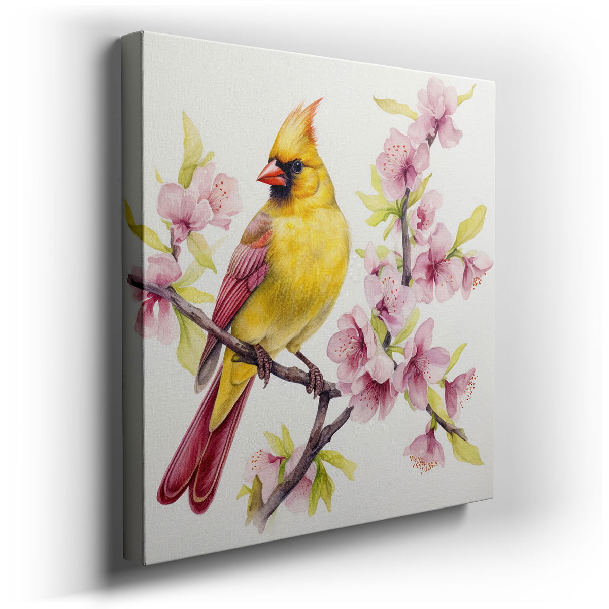 Yellow Cardinal in Pink Blossoms Canvas Art for Bedroom & Office