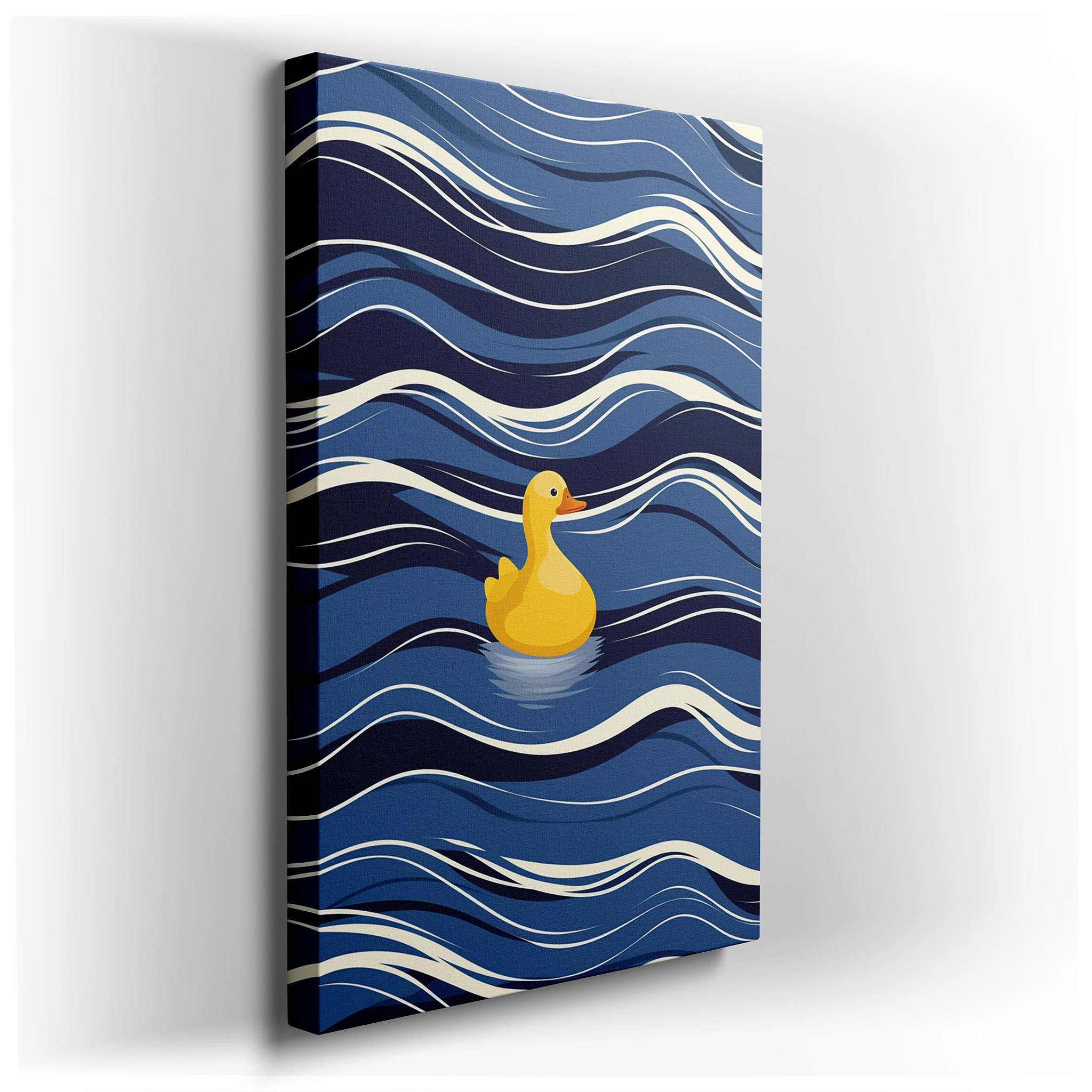 Yellow Duck Serenely Floating on Artistic Blue Waves, Symbolizing Joy and Tranquility, Large Canvas Wall Art for Office