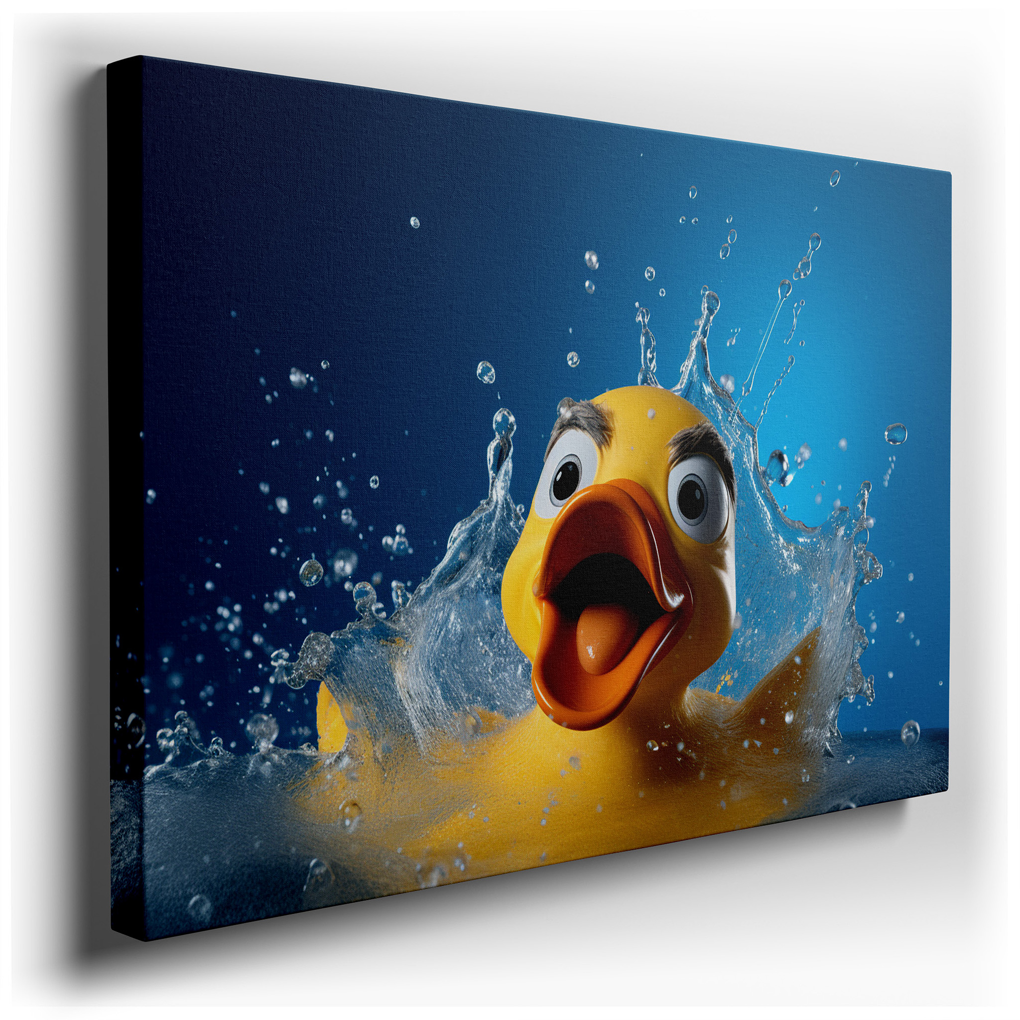 Yellow Rubber Duck and Water Splashes Wall Art, Large Canvas Decor for Office, Bedroom, and Living Room wrapped canvas