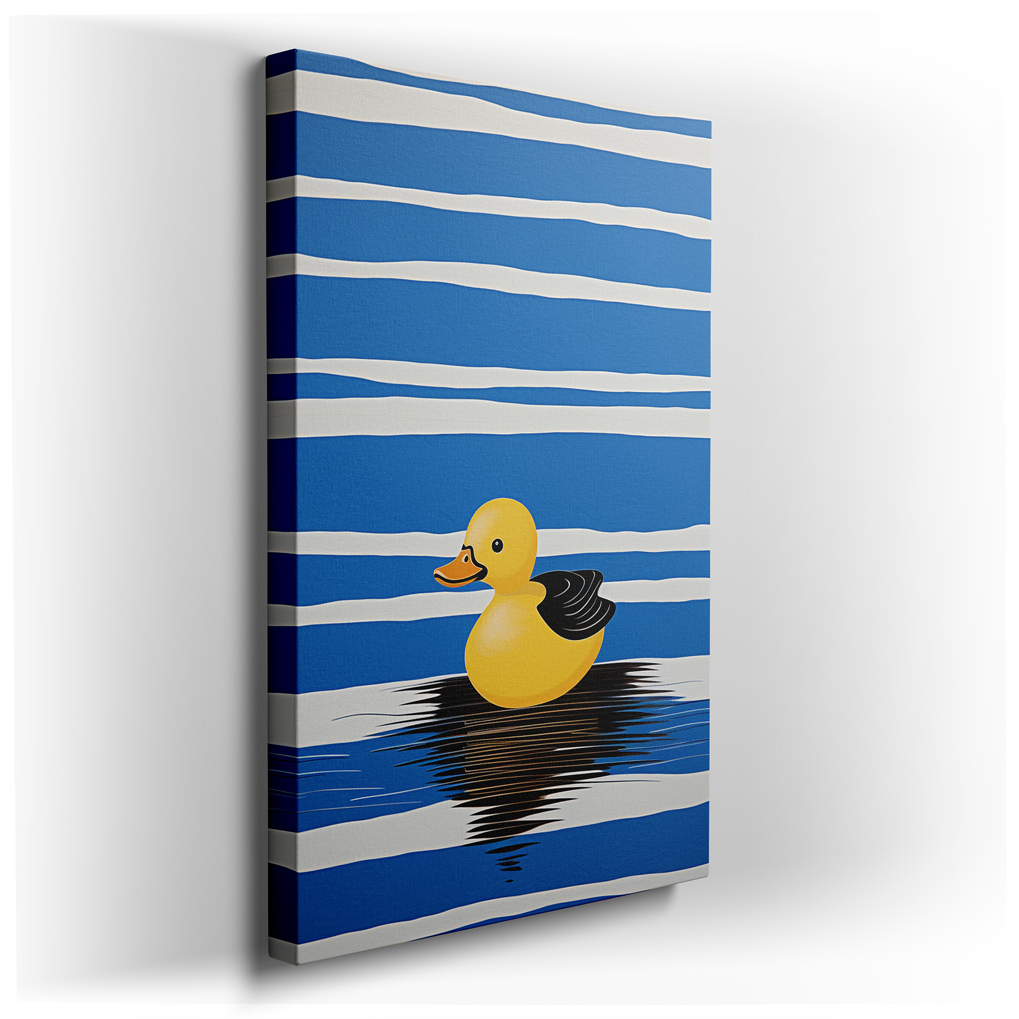 Yellow Rubber Duck on Blue and White Striped Background, Large Canvas Wall Art Evoking Childhood Memories wrapped