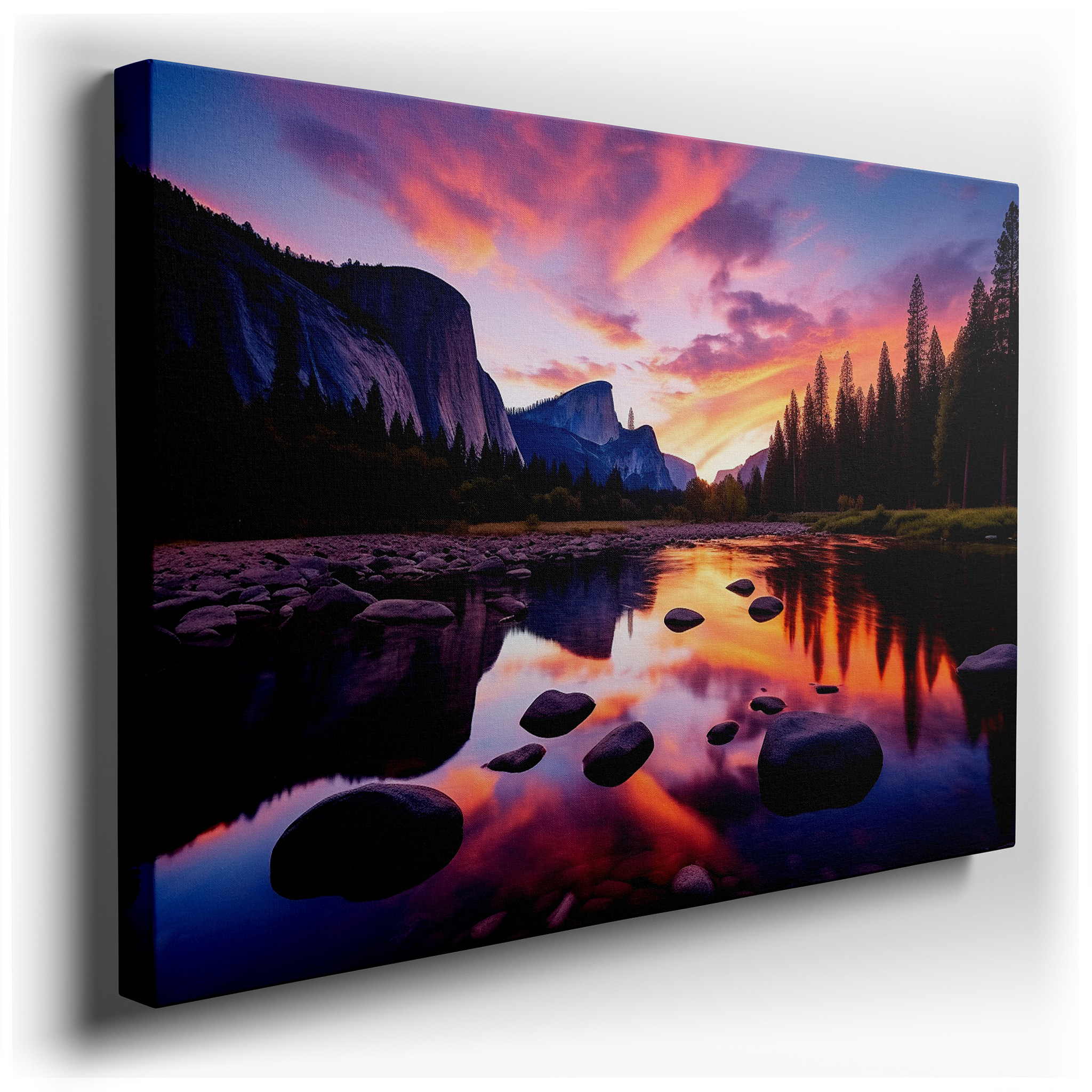 Yosemite Sunset Serenity: Large Canvas Wall Art Featuring a Peaceful River Scene - Perfect for Office, Bedroom, or Home