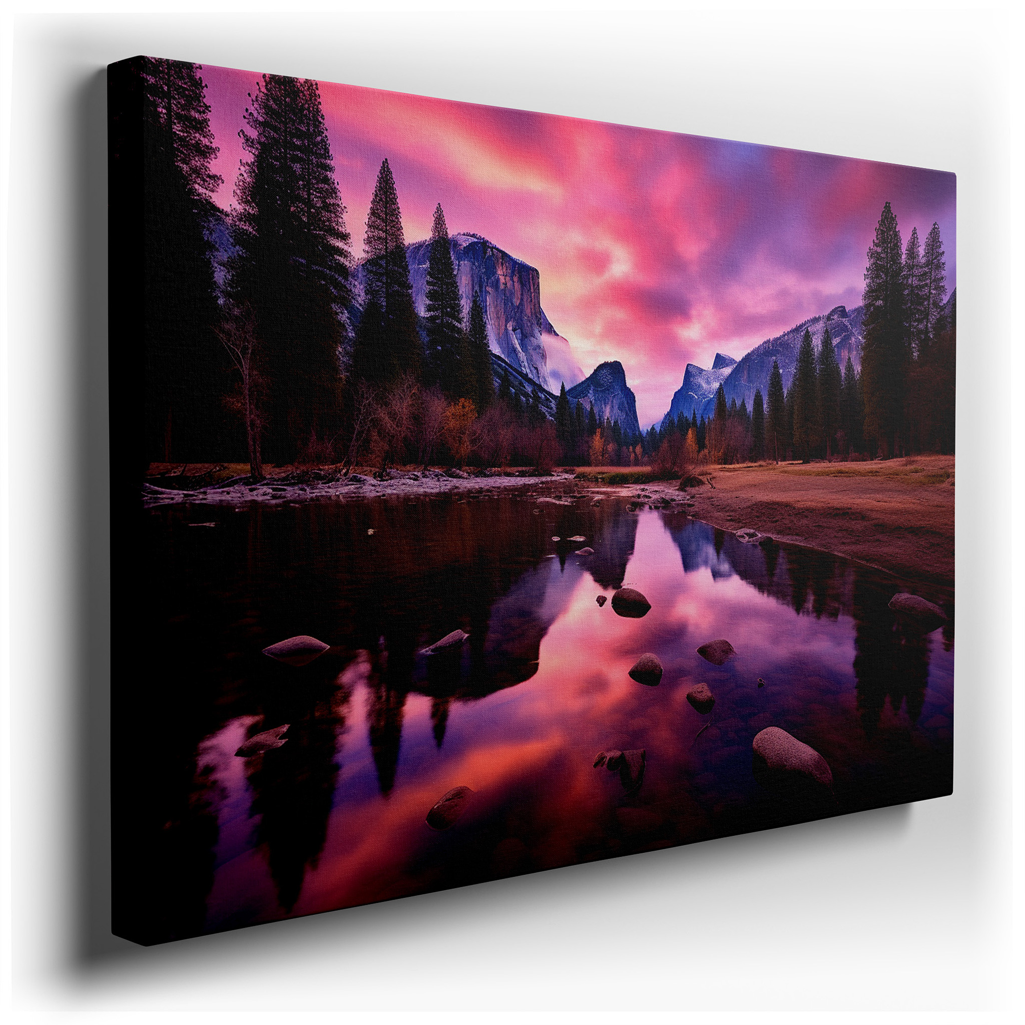 Yosemite Valley Twilight: Majestic Peaks and Serene Waters Large Canvas Wall Art for Office and Bedroom Decor wrapped