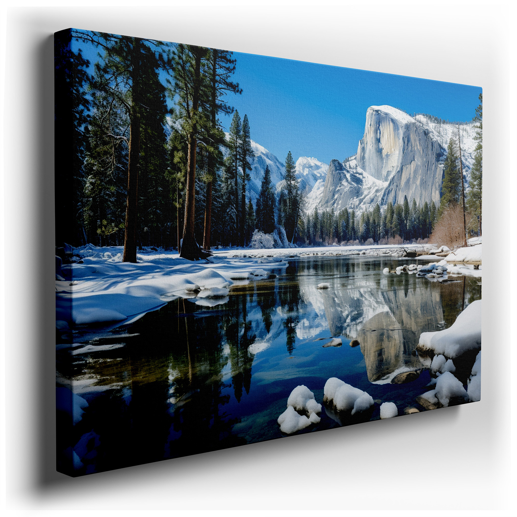 Yosemite Winter Splendor: Snow - Covered Peaks and Tranquil Evergreens Beneath a Soft Sky - Large Wall Art, Canvas Wall