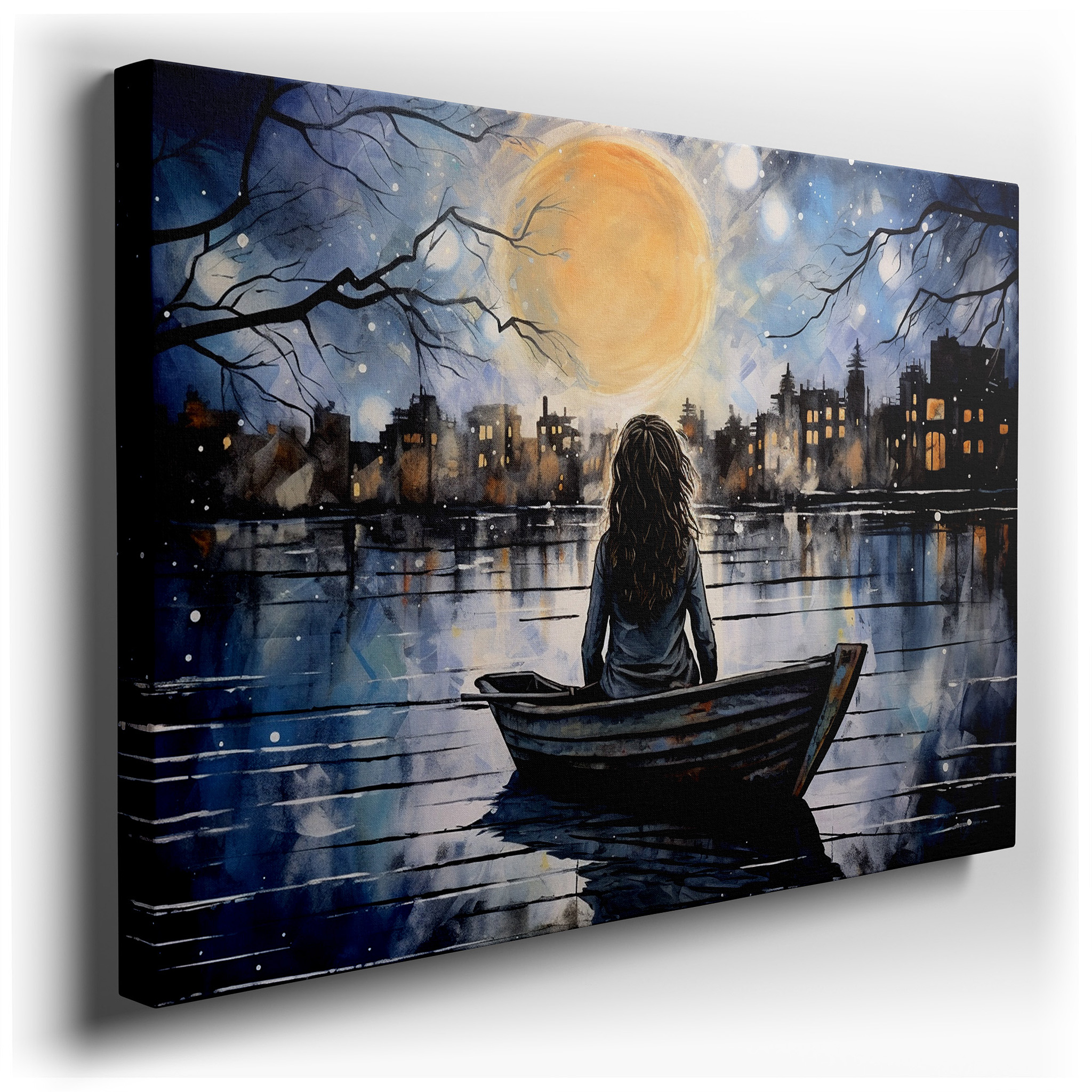 Young Girl in a Boat Under Moonlight, Cityscape Silhouette Night Scene, Large Canvas Wall Art for Home and Office Decor