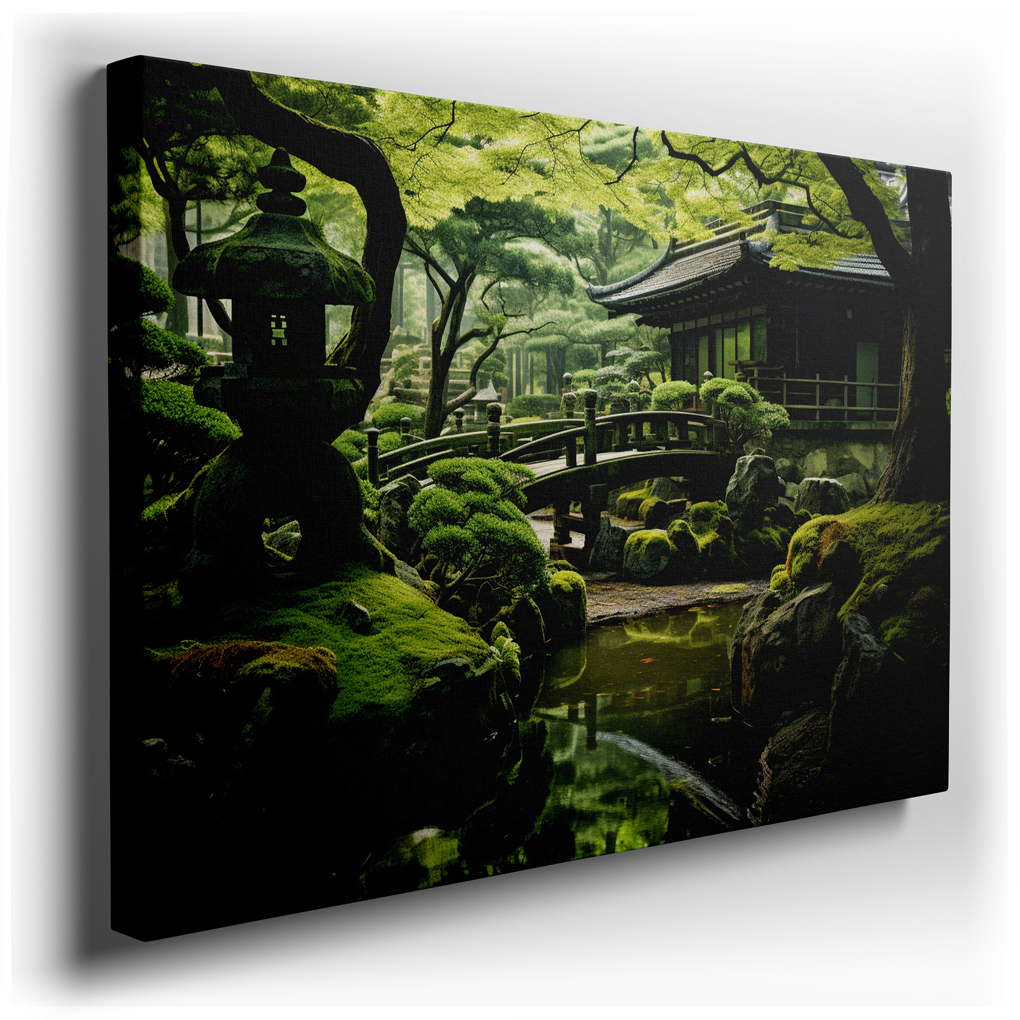 Zen Garden Canvas Wall Art Featuring a Serene Wooden Bridge Over Calm Waters, Ideal for Office or Bedroom Decor wrapped