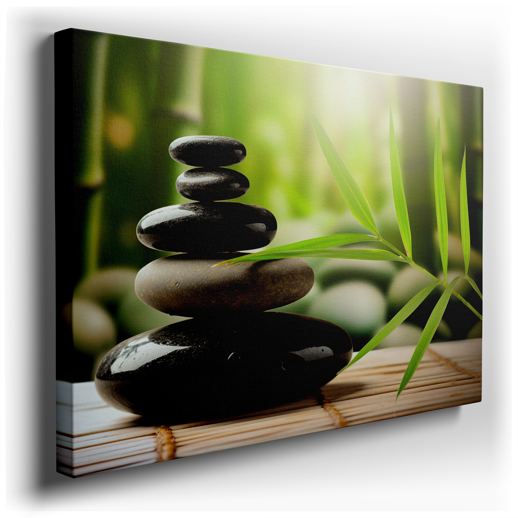 Zen Stones and Bamboo Mat Wall Art on a Serene Green Background for Balance and Mindfulness - Large Canvas Wall Decor